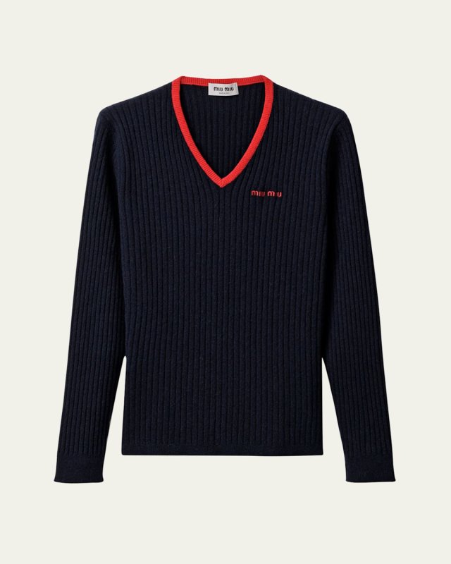 Ribbed V-Neck Long Sleeve Cashmere Sweater